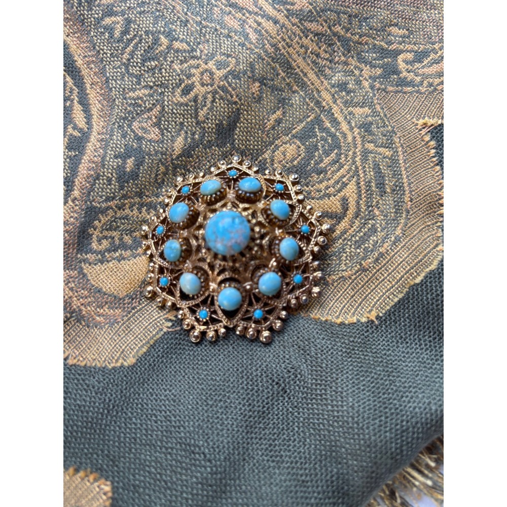 Vintage Gold Tone Filigree Faux Turquoise Starburst Brooch Pin Victorian Style
